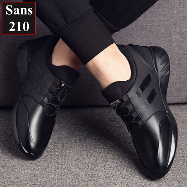 Giày tăng chiều cao nam unisex 8cm Sans210 sneaker da bò thật full đen thể thao có big size to lớn 44 45 46 47 48 độn đế