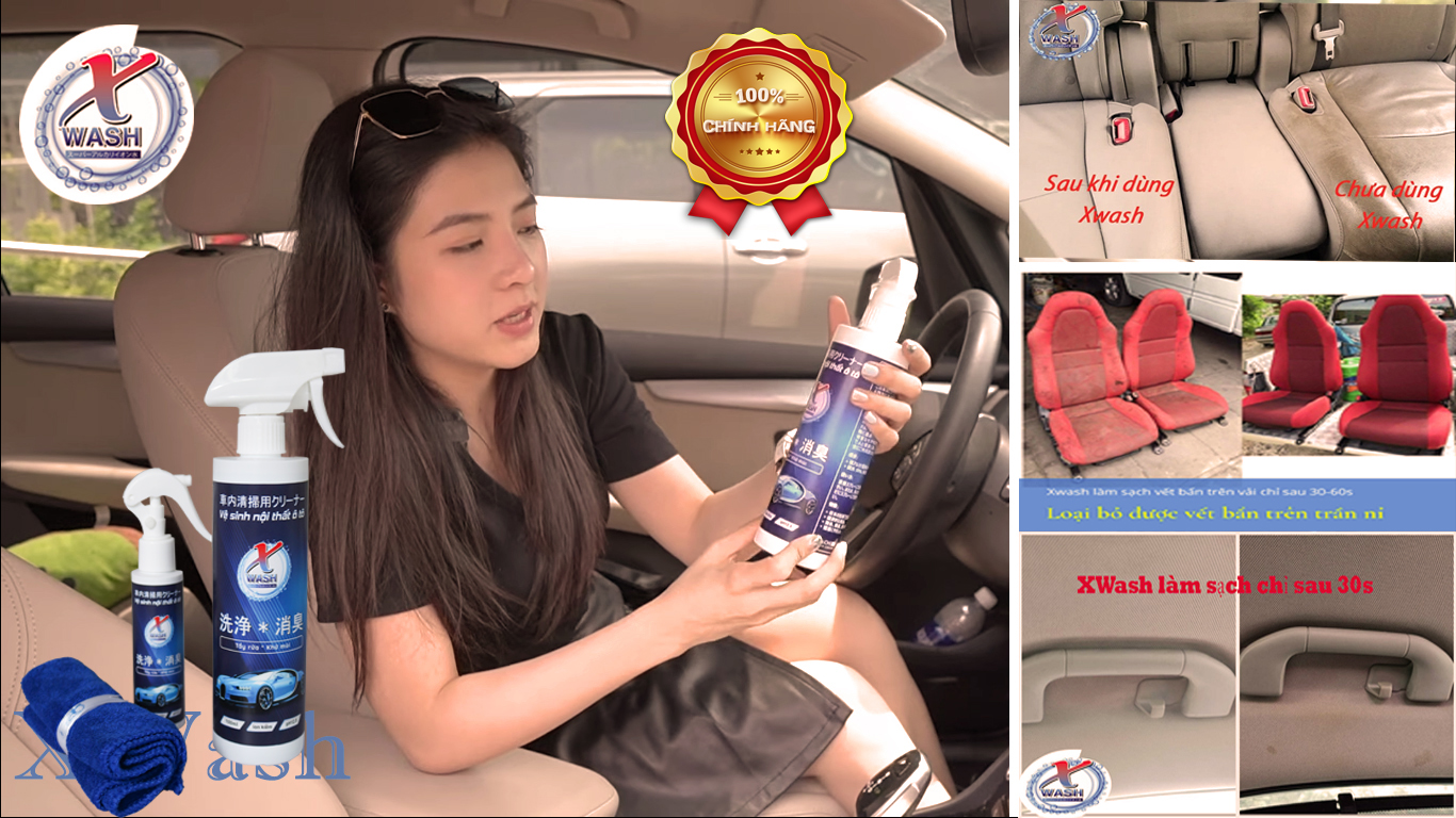 Combo 2 chai lớn 500ml &amp; 1 chai nhỏ 100ml - Xwash For Car chai xịt vệ sinh nội thất xe hơi - Tặng kèm khăn lông cừu