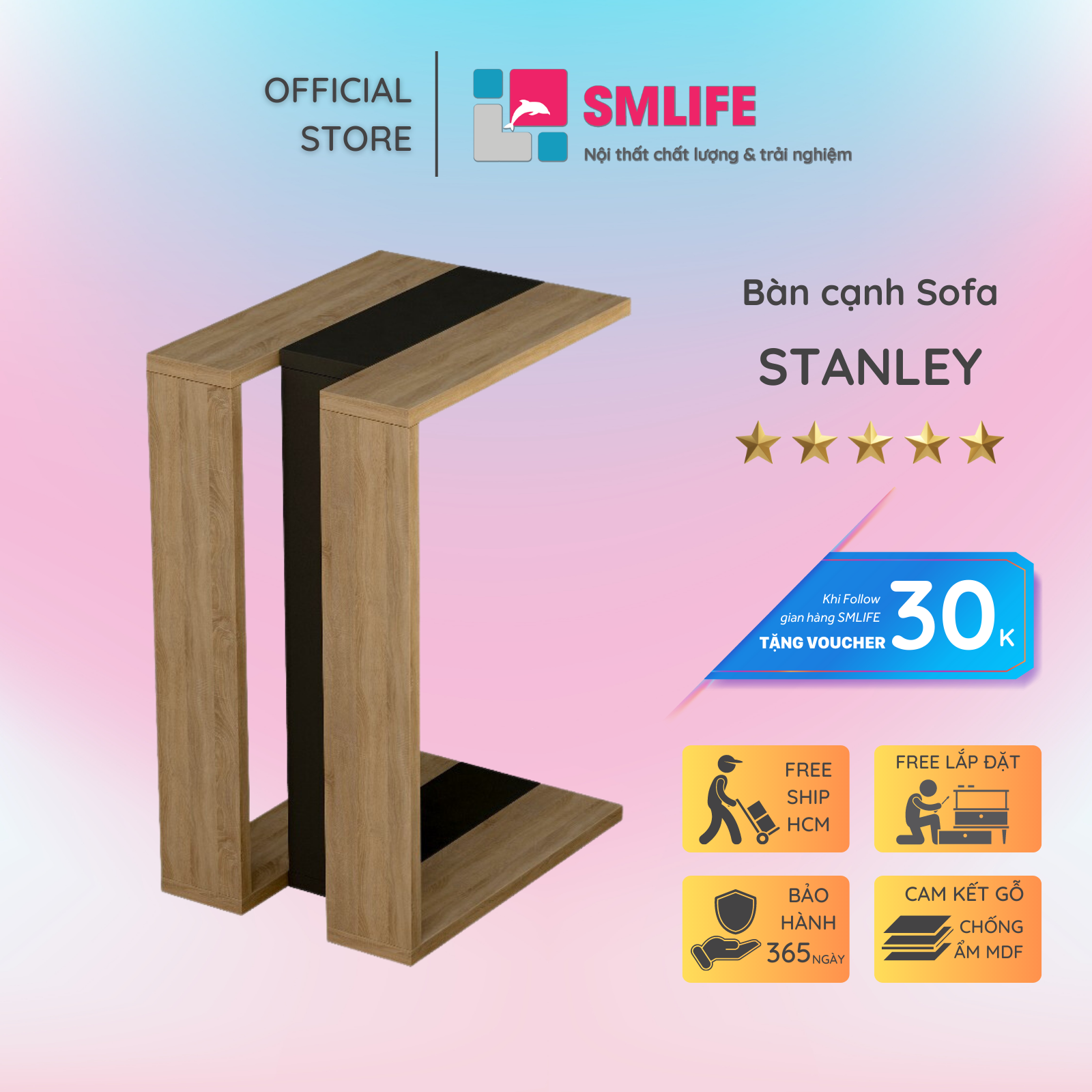 Bàn gỗ cạnh Sofa hiện đại SMLIFE Stanley | Gỗ MDF dày 17mm chống ẩm | D30xR40xC55cm