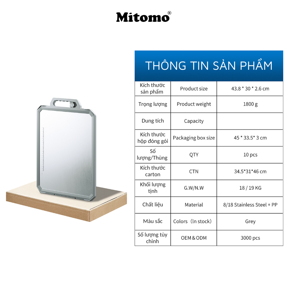 Thớt hai mặt kháng khuẩn inox 304 cao cấp, nhựa lúa mạch Mitomo MT-304PP Hàng chính hãng