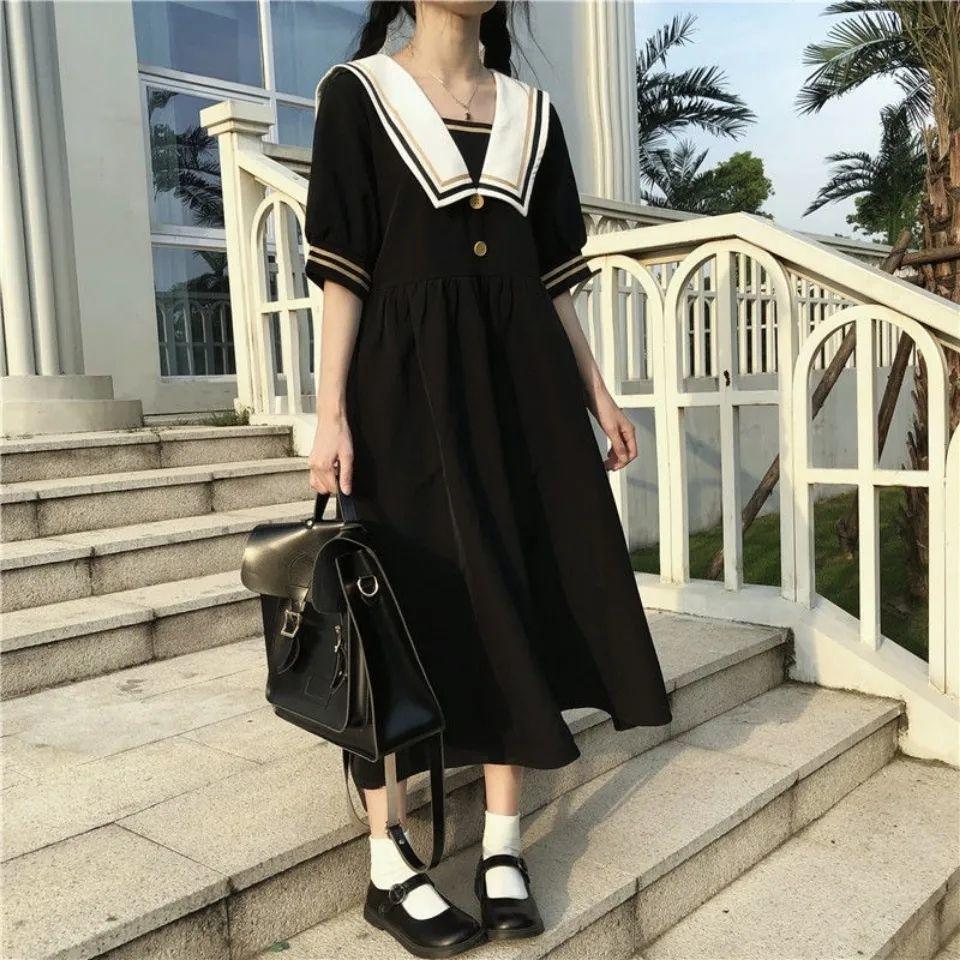 CHENGRUI Hải quân gió cô gái đầm ngắn tay áo Hàn Quốc mùa hè trẻ em ăn mặc trường trung học và cao đẳng gió váy