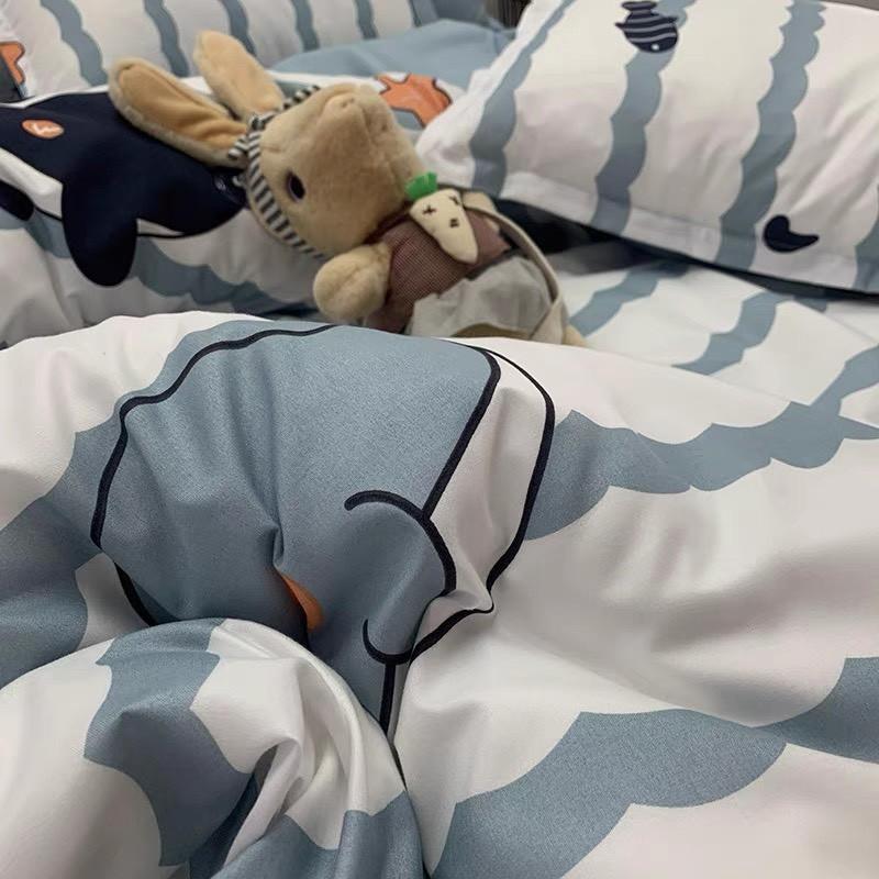 Bộ chăn ga gối Cotton Poly M2T bedding Cá heo, vỏ chăn mền, drap giường và 2 vỏ gối
