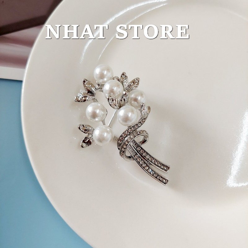 Trâm cài áo, ghim cài trang trí Nhat Store hình bó hoa đính ngọc nhân tạo