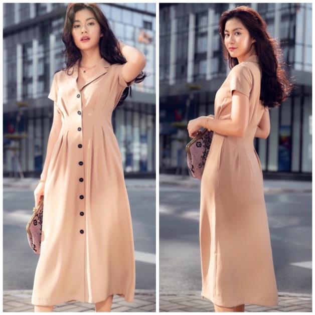 X2 váy sơ mi nude form dài cổ bẻ tay ngắn đính nút đầm midi công sở màu kem (kèm hình thật