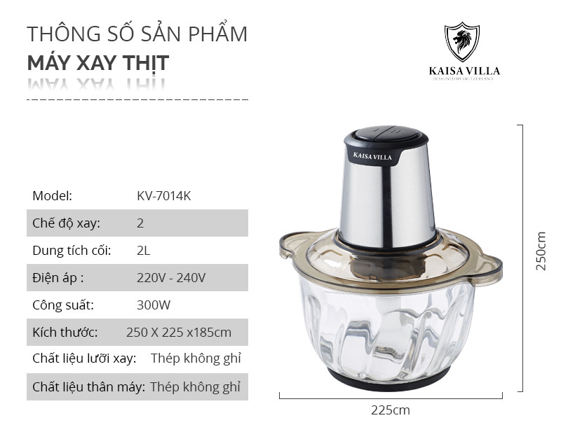 Máy Xay Thịt Đa Năng 2L Cối Thủy Tinh Kaisa Villa KV-7014K - Công suất 300W, 4 Lưỡi Dao Inox - Hàng Chính Hãng