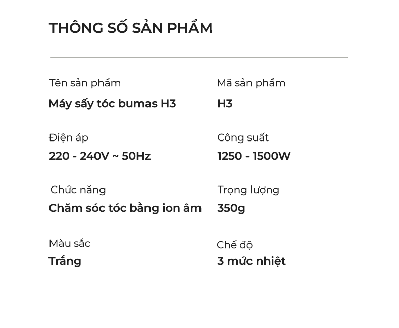 Máy Sấy Dưỡng Tóc Ion Âm Bumas H3 - 3 Phút Sấy Khô Nhanh - 4 Chế độ Sấy - 2 Chế độ gió - Tự Động Vệ Sinh Máy - Hàng Chính Hãng