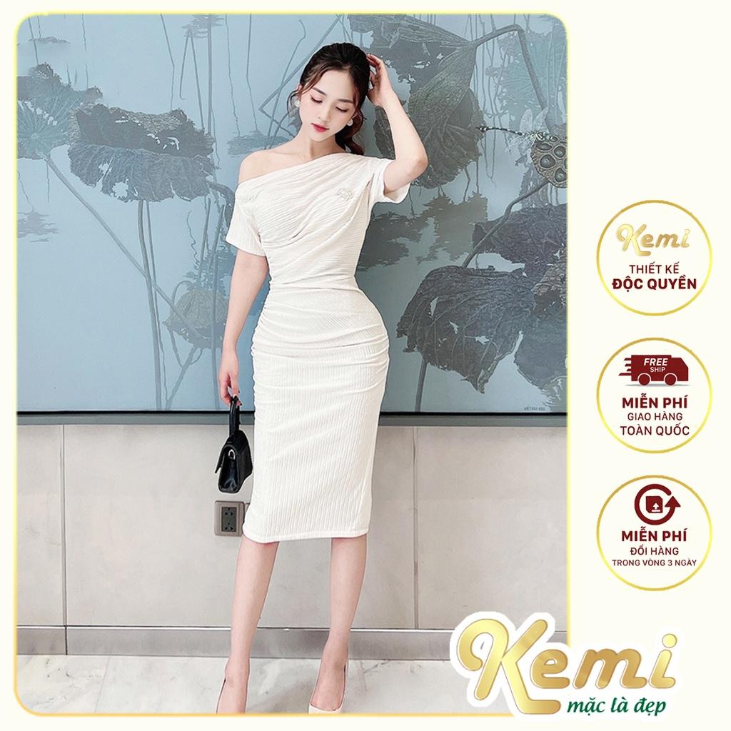 Váy đầm lệch vai xốp hàn ôm body tặng kèm tag cài áo