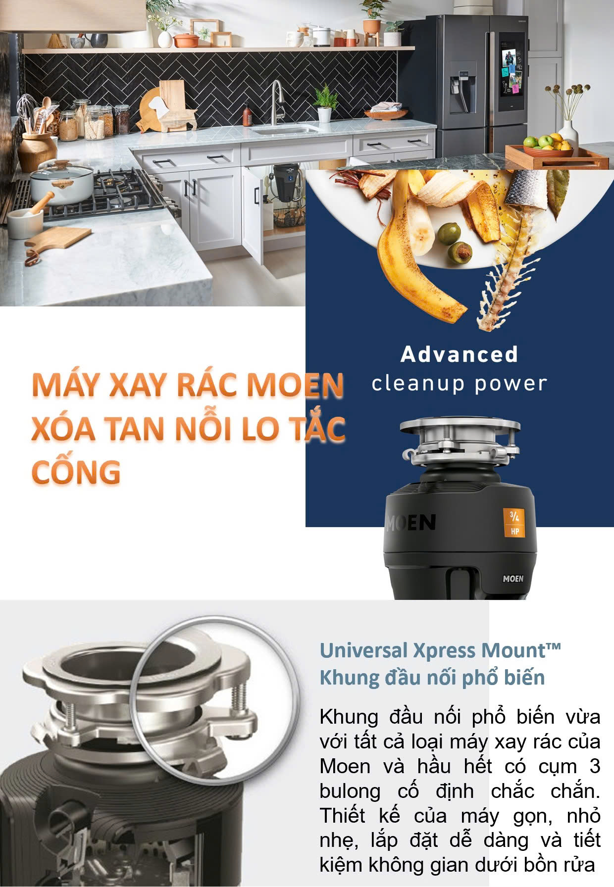 Máy xay rác Moen GD3151, công suất 1/2hp, điều khiển từ xa