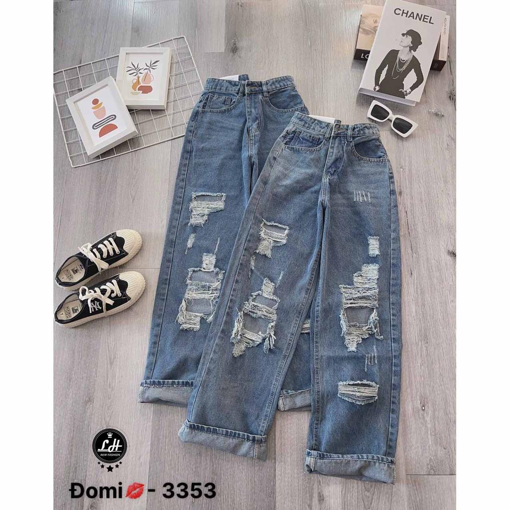 Quần jean rách te tua nữ ống rộng ulzzang cạp cao Lê Huy Fashion MS 3353