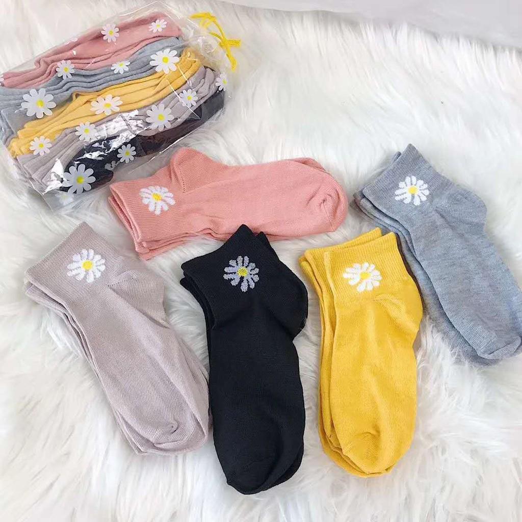 Tất Vớ Trơn Cổ Ngắn Ulzzang Unisex Thêu Hoa Cúc- túi 10 đôi