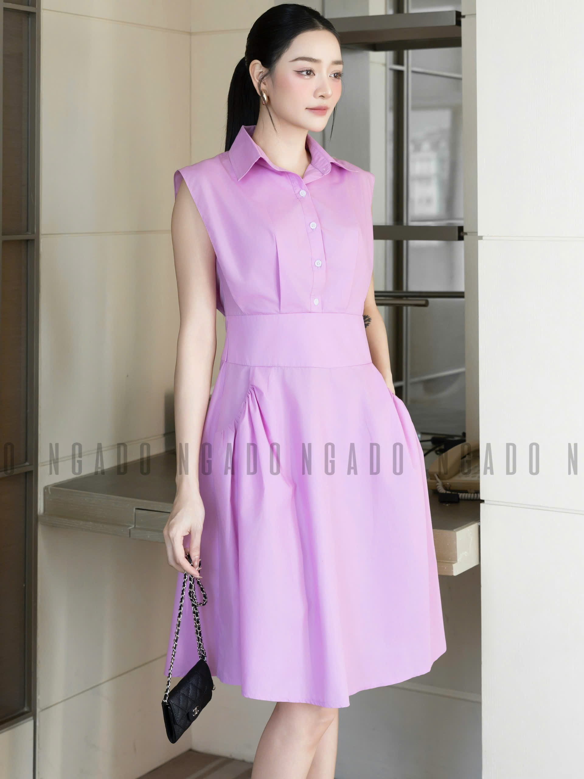 Đầm tím cổ sơ mi NGADO , đầm sơ mi Nữ , đầm công sở