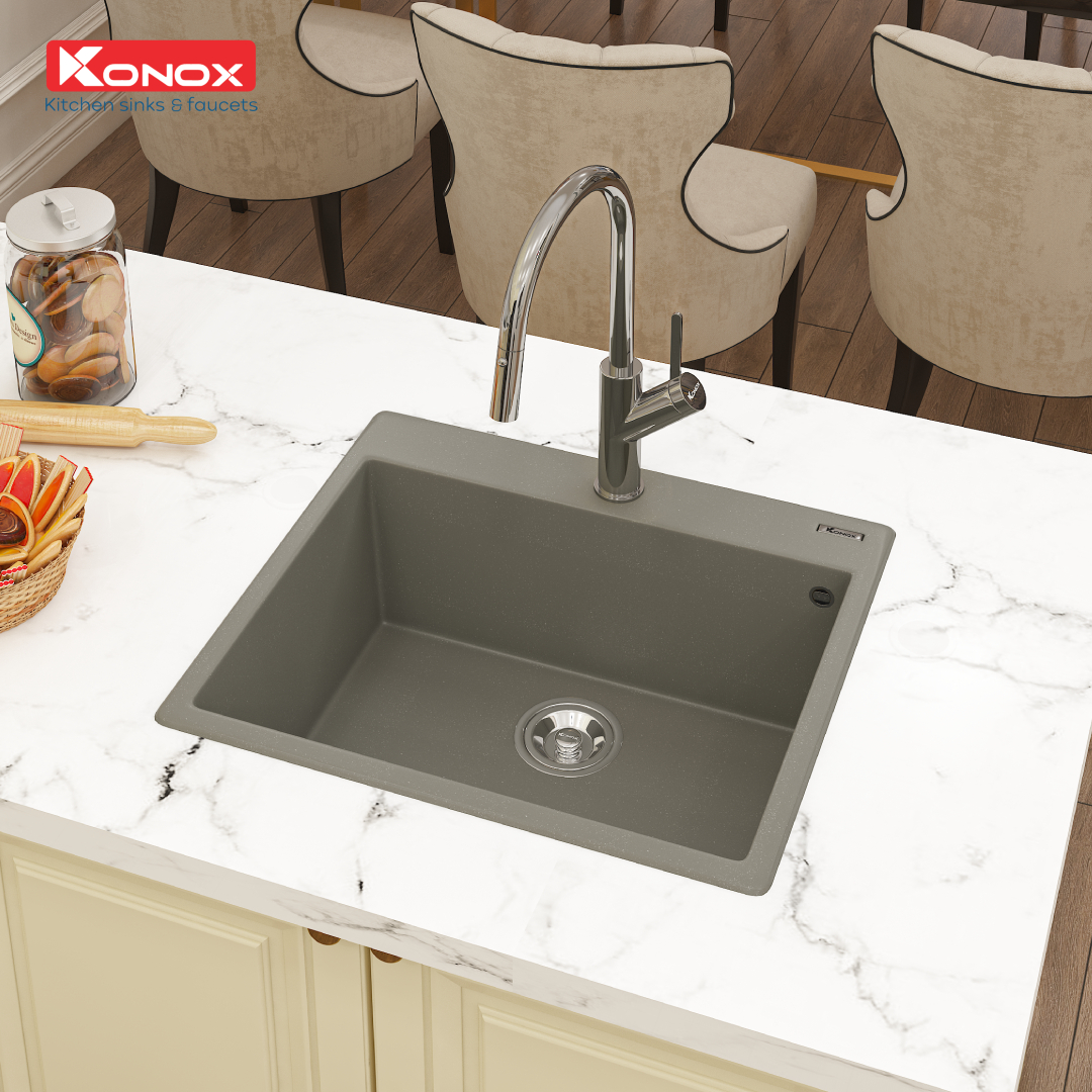 Chậu rửa bát Konox, Granite Series, Model Ruvita 680, Full set gồm Siphon+Giá úp bat Made in Italy, 680*500*200(mm), Hàng chính hãng