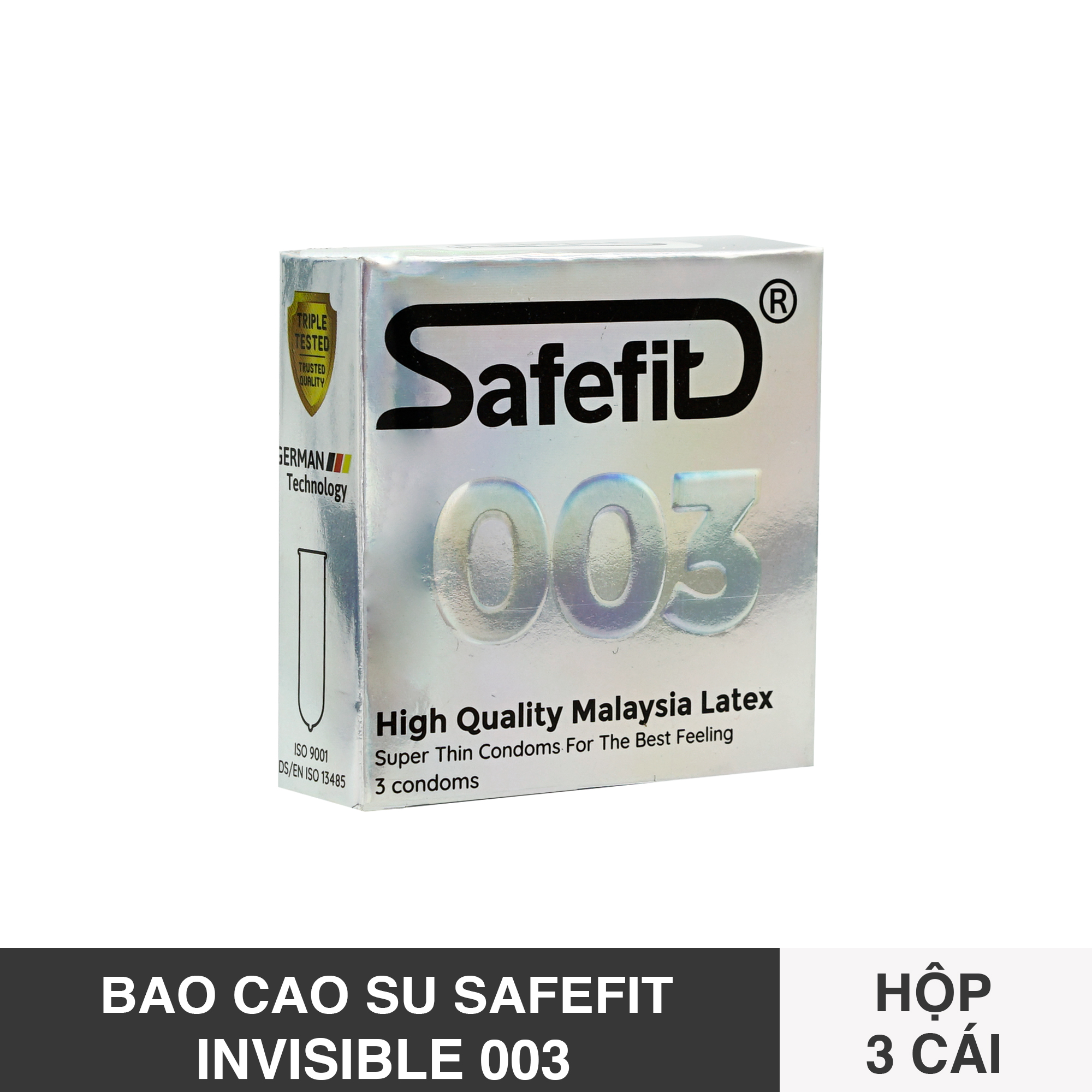 Hộp 3 cái Bao cao su SAFEFIT 003 Siêu Mỏng - Size 49mm Ôm Sát Chống Tuột Bao