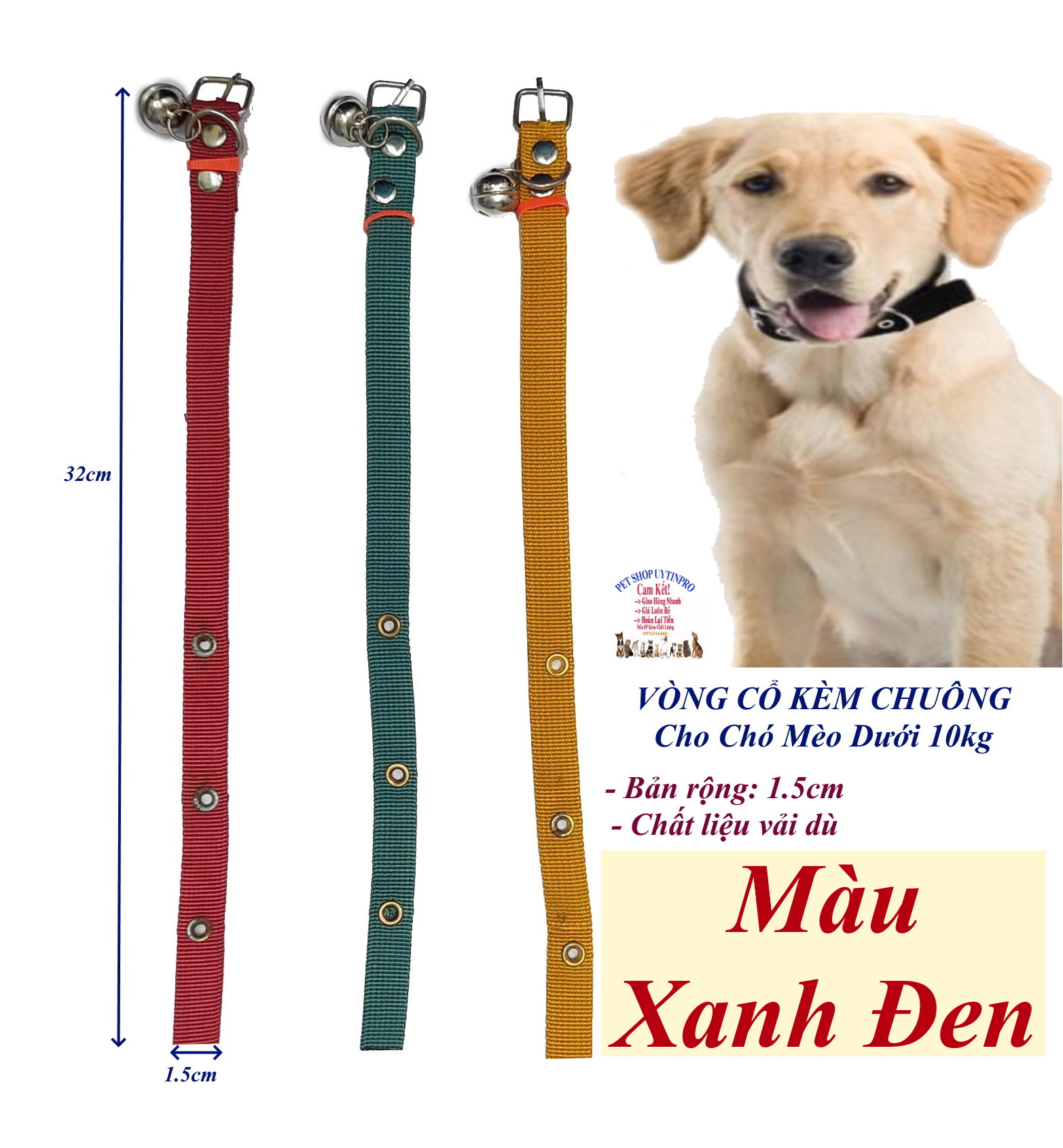 Vòng cổ kèm chuông cho Chó Mèo dưới 10kg Bản rộng 1.5cm Chất liệu vải dù Có gài điều chỉnh Giúp thú cưng dễ chịu khi đeo