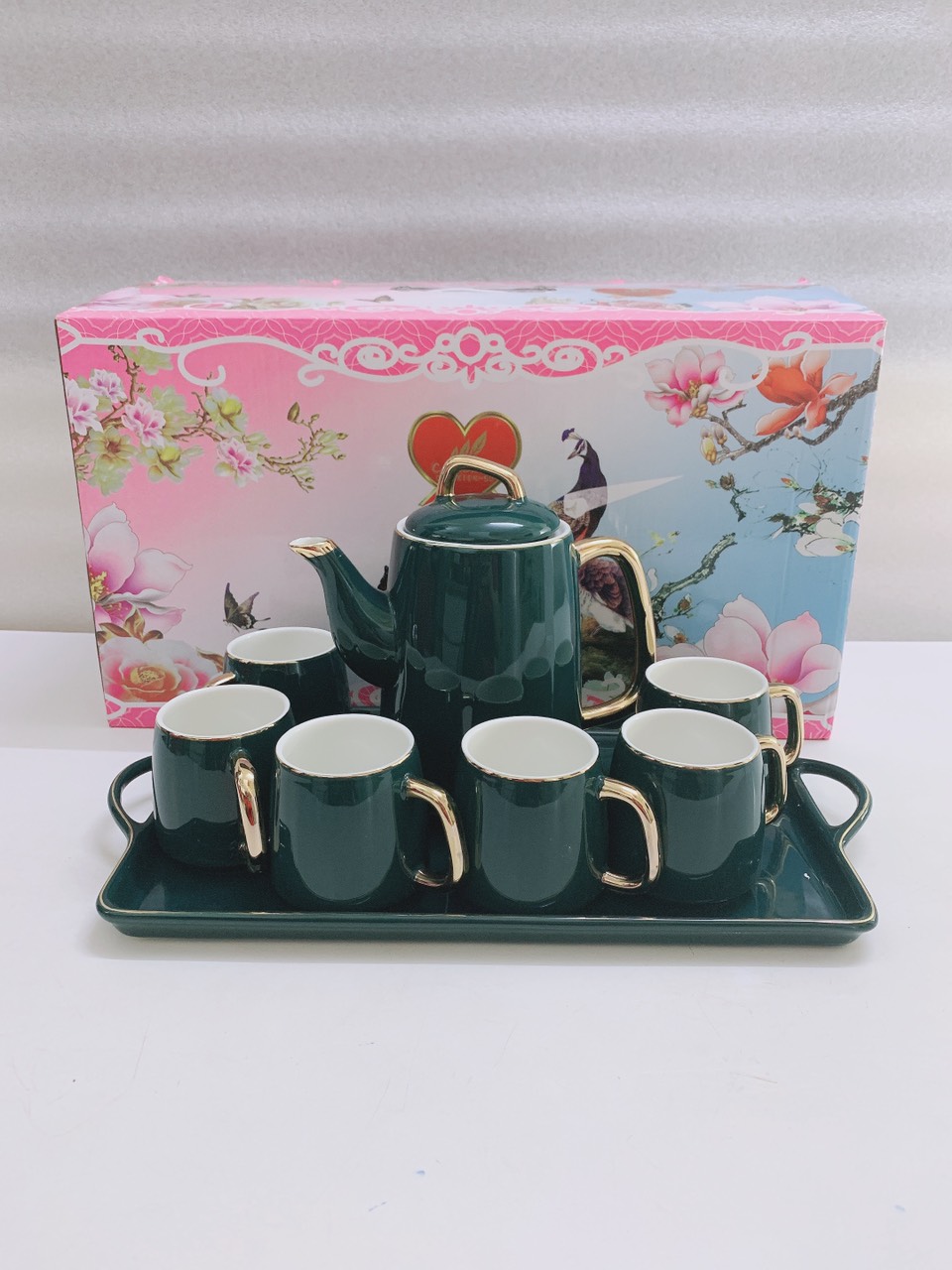 BỘ BÌNH TRÀ CÀ PHÊ KÈM KHAY SỨ CAMELIA MÀU XANH CỔ VỊT VIỀN VÀNG CAO CẤP - ANTH411