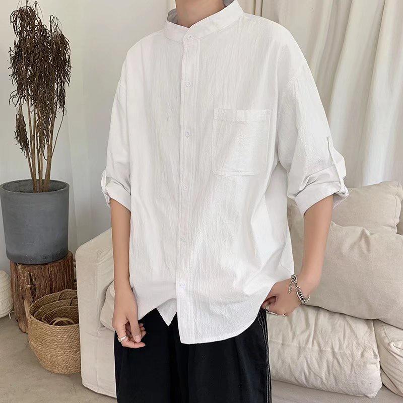 Áo Sơ Mi Cotton Lanh Tay Lỡ 3/4 Cổ Đứng 7 Màu Phong Cách Hàn Quốc Thời Trang Cho Nam M-3XL