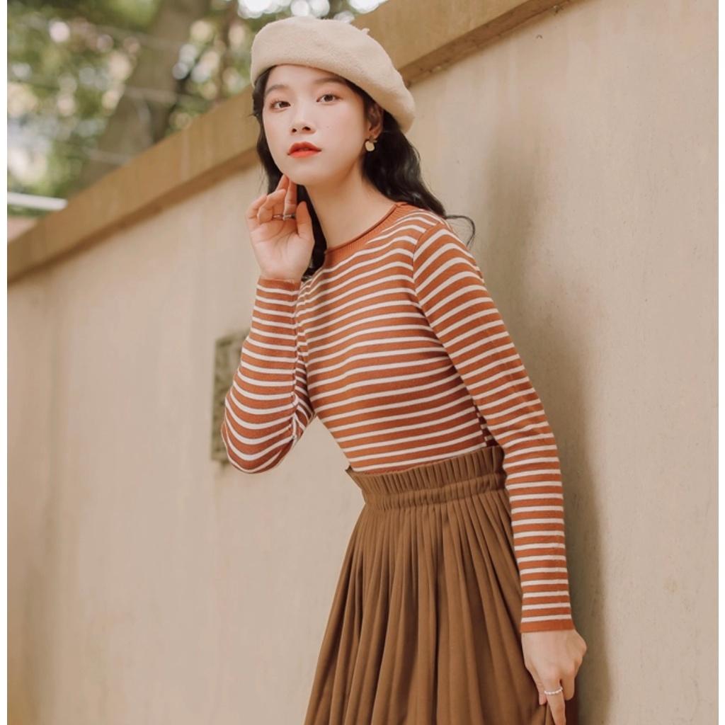 MS708 Áo len nữ dệt kim kẻ ngang cổ xoăn Quảng Châu