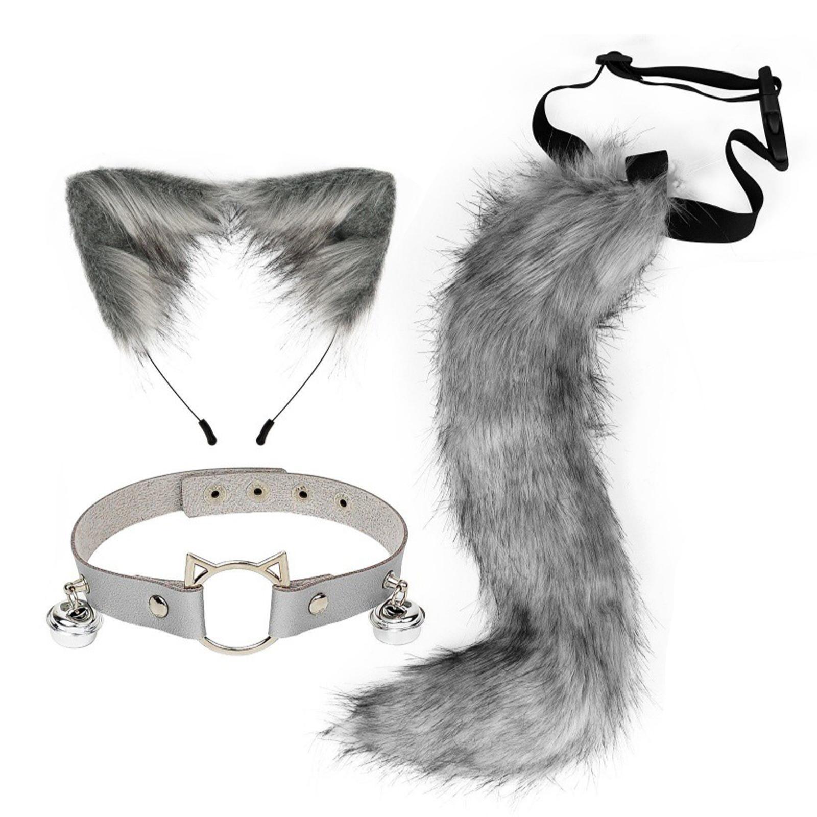 Ears and Long Tail Set Faux Plush Hair Hoop for Halloween Christmas Carnival