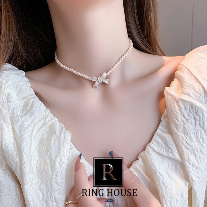N60 Dây Chuyền Choker Vòng Cổ Hạt Trai Hồng Phấn Đính Nơ Xinh