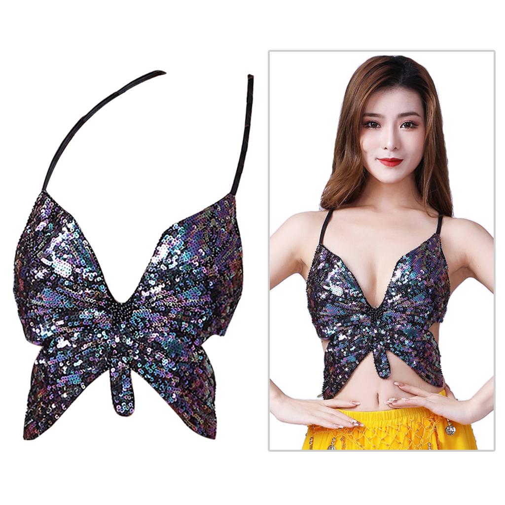 Womens Glitter Belly Dance Bra Sequin Butterfly Halter Crop Top Sexy Latin Sequins Costume Tribal Festival Party Club Wear