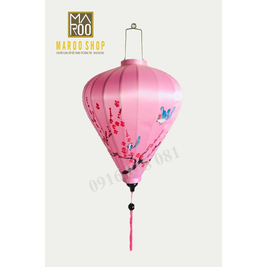 Đèn lồng Hội An vẽ hoa lá mùa xuân trên nền chất liệu vải phi bóng - kiểu tỏi - size 60 cm