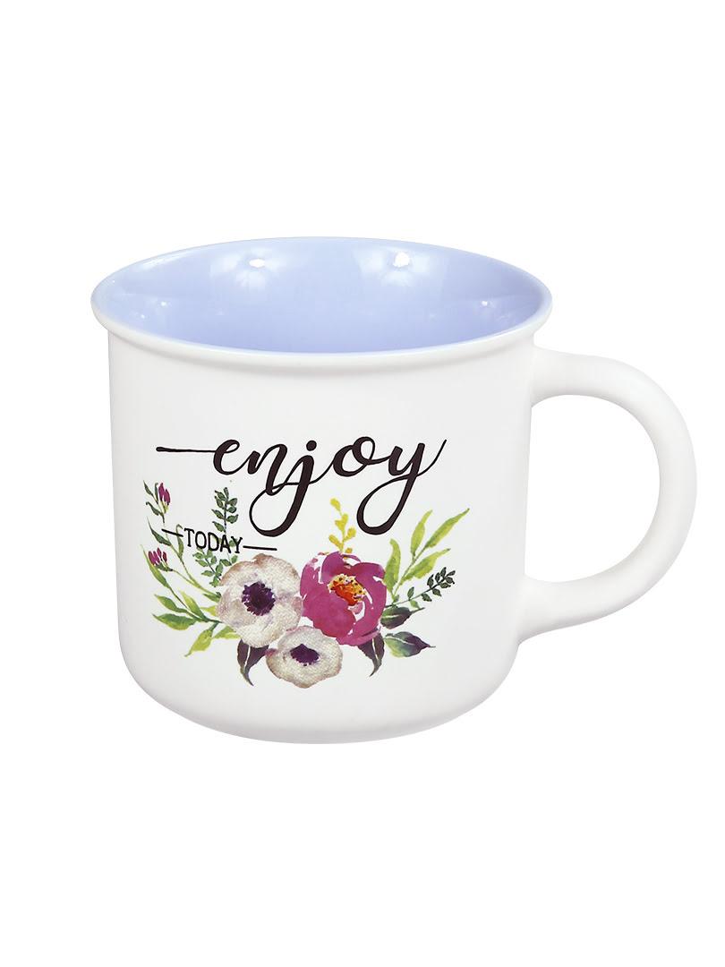 Cốc sứ tráng men họa tiết Hoa lá chữ Enjoy 360ml