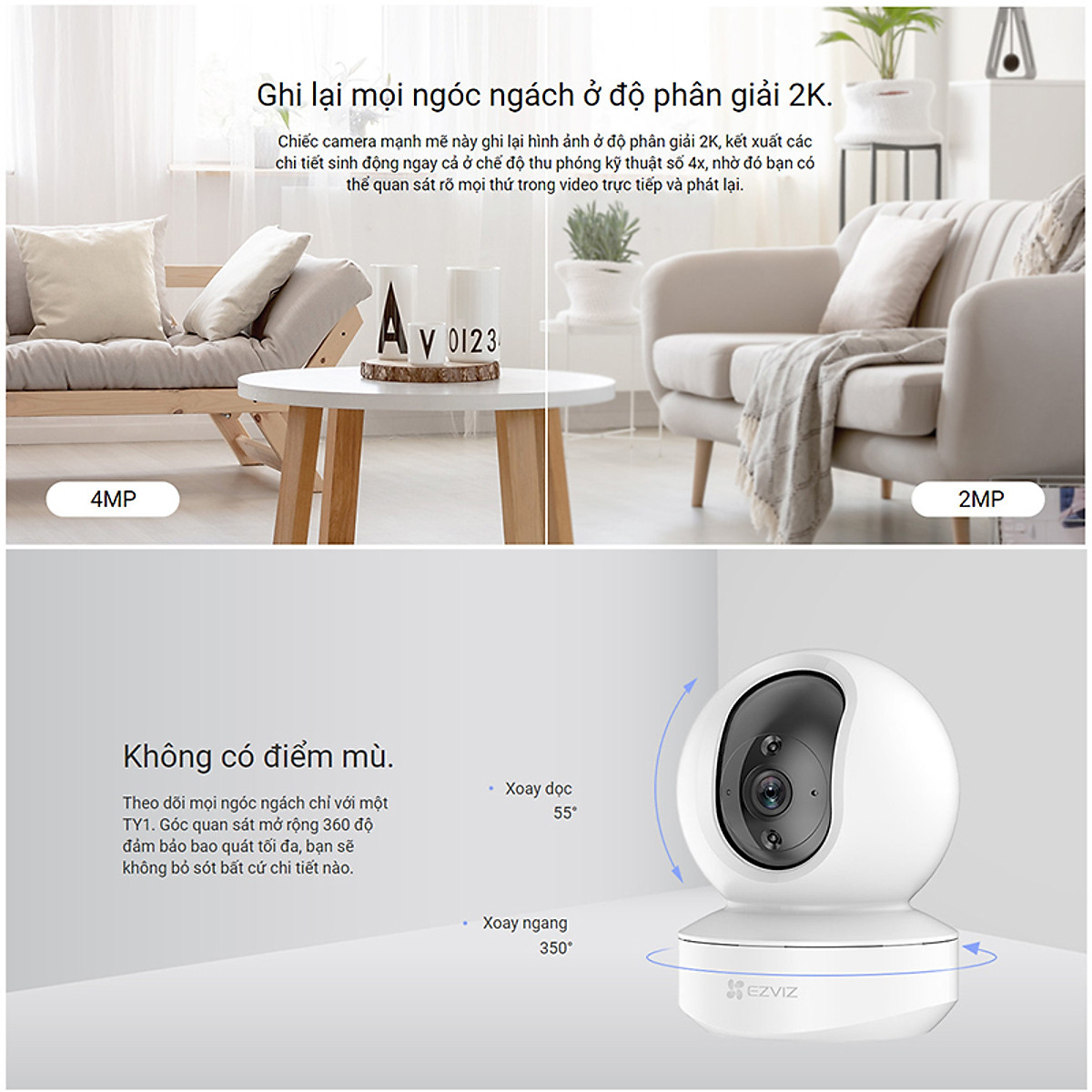 Camera Wifi EZVIZ TY1 4MP Độ Phân Giải 2K, Lắp Trong Nhà, Quay 360 Độ, Âm Thanh Đàm Thoại 2 Chiều, Hỗ Trợ Thẻ Nhớ Lên Đến 256GB - Hàng Chính Hãng