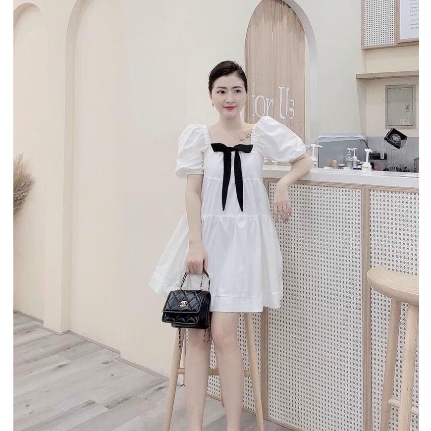 Đầm váy trắng dáng xòe cổ vuông thắt nơ siêu dễ thương, thời trang nữ dạo phố, dự tiệc