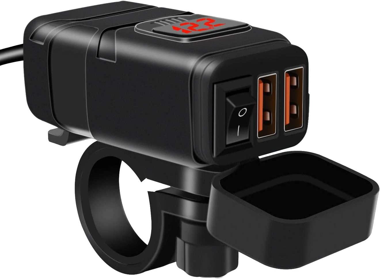 Bộ sạc xe máy, ổ cắm USB QC 3.0 và vôn kế LED 6-30V, Bộ điều hợp USB không thấm nước IP65