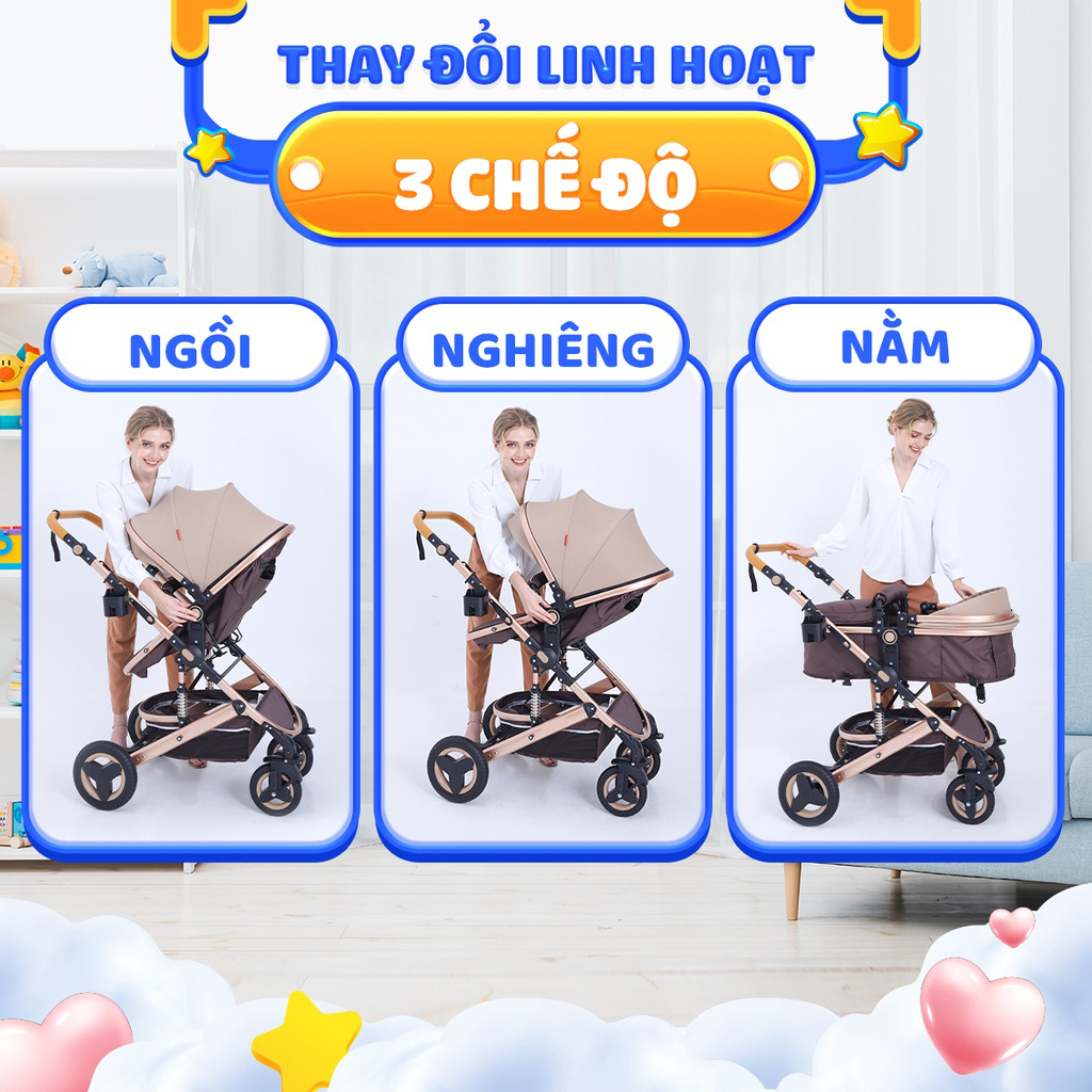 Xe đẩy kiêm nôi ru cho bé Kawaii Home, Xe đẩy 2 chiều có thể gấp gọn mang đi du lịch tiện lợi