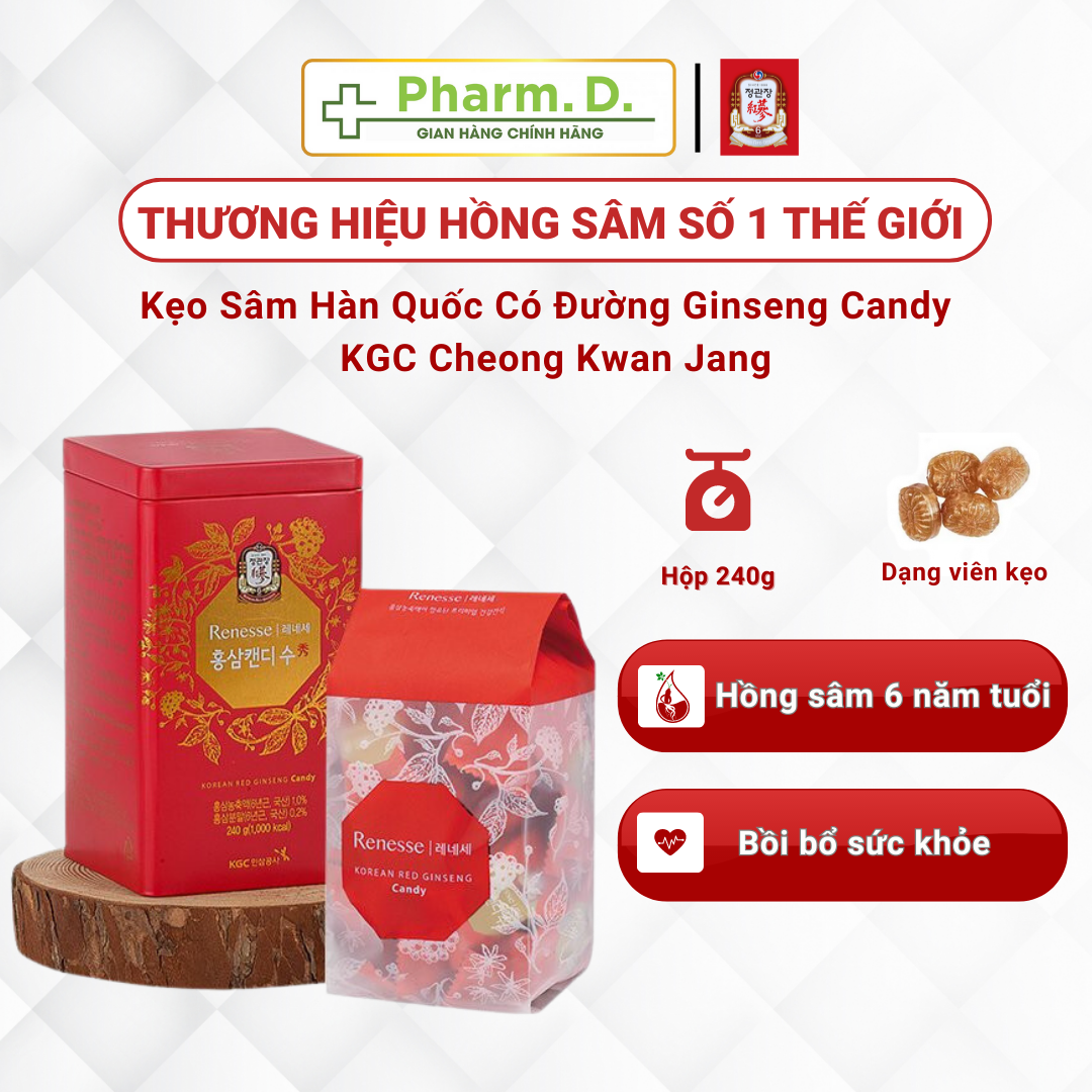 Kẹo Hồng Sâm Hàn Quốc Có Đường KGC Cheong Kwan Jang Ginseng Candy Hỗ Trợ Sức Khỏe 240g