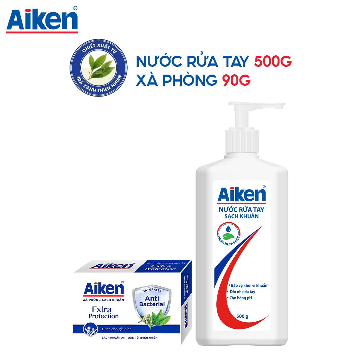 Aiken Nước rửa tay 500g + xà phòng 90g Chiết xuất Trà Xanh Thiên Nhiên/Bạc Hà