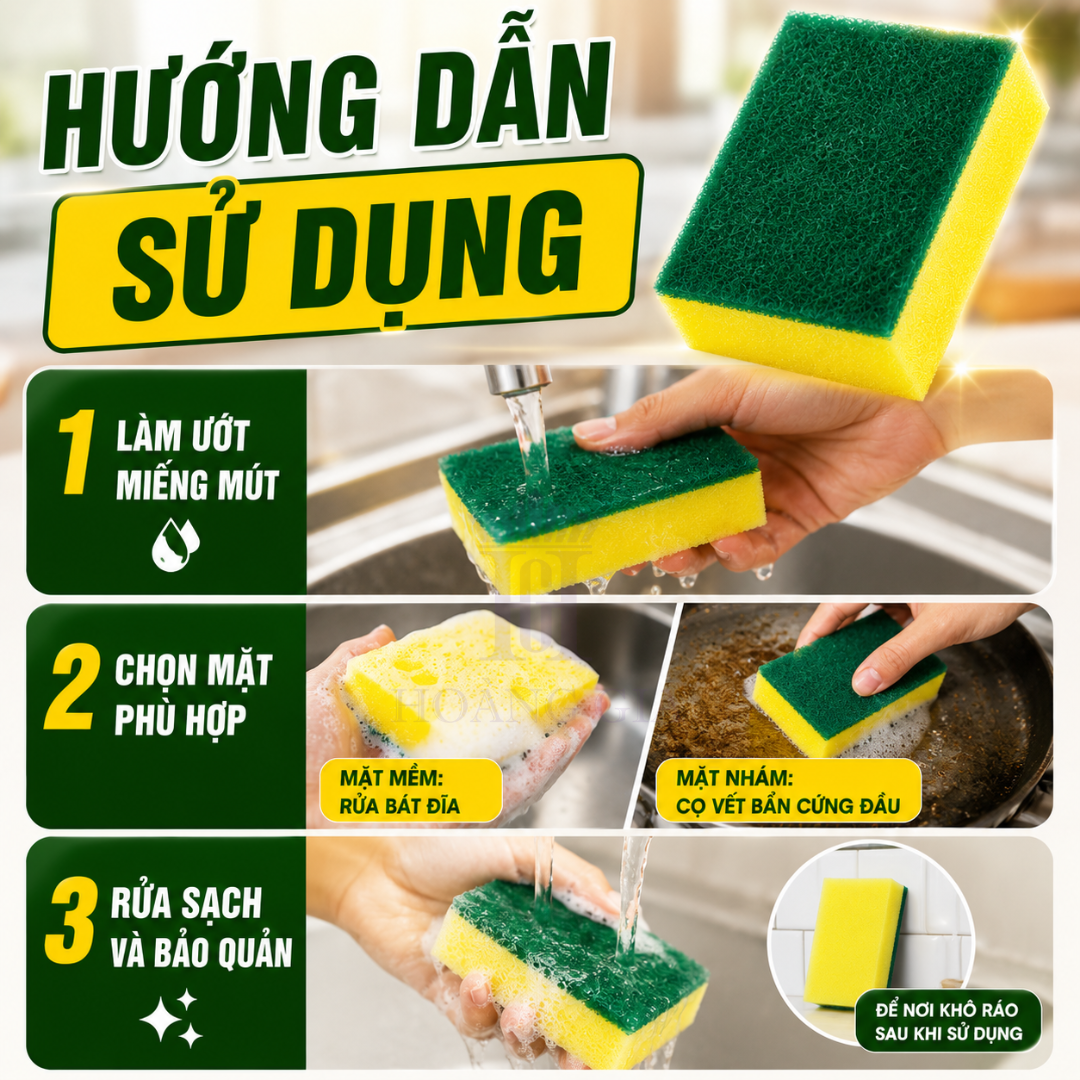 Mút Rửa Bát Cao Cấp HG Home 10x6.5x3cm - Dày Hơn, Cầm Chắc Tay, Cọ Sạch Nhanh, Không Cong Vênh