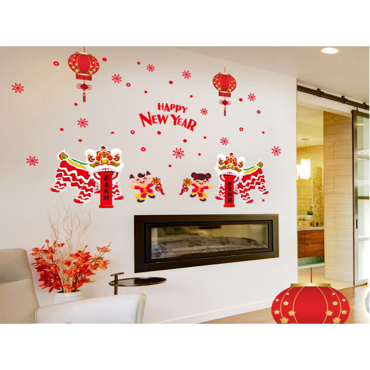Decal trang trí tết-hai bé múa lân