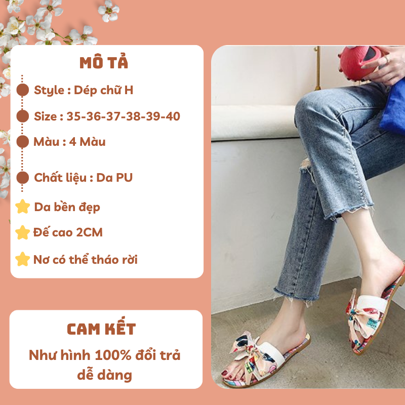 Dép lê nữ quai ngang chữ H thắt nơ lụa da PU cao cấp bền đẹp họa tiết sành điệu - 3216