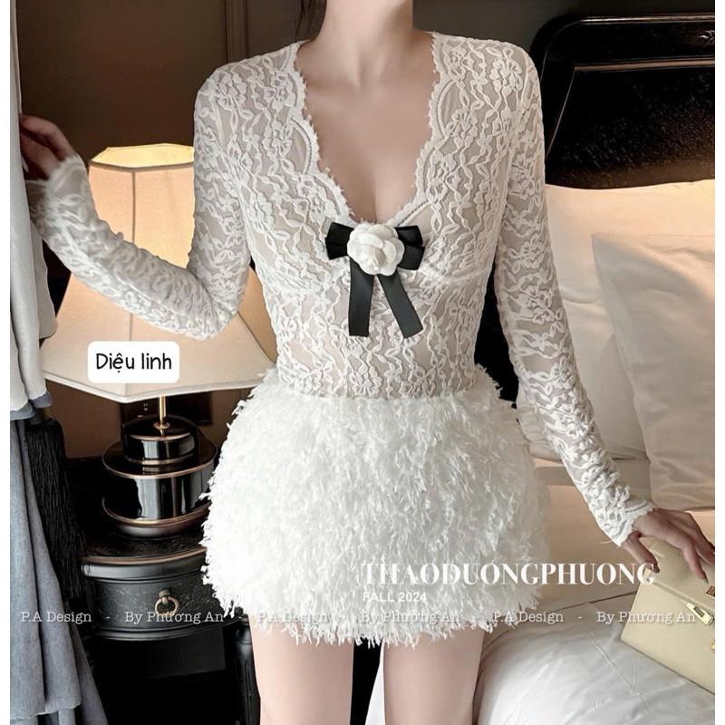 Set áo ren cổ V kèm tag hoa chân váy lông sẵn lót quần siu