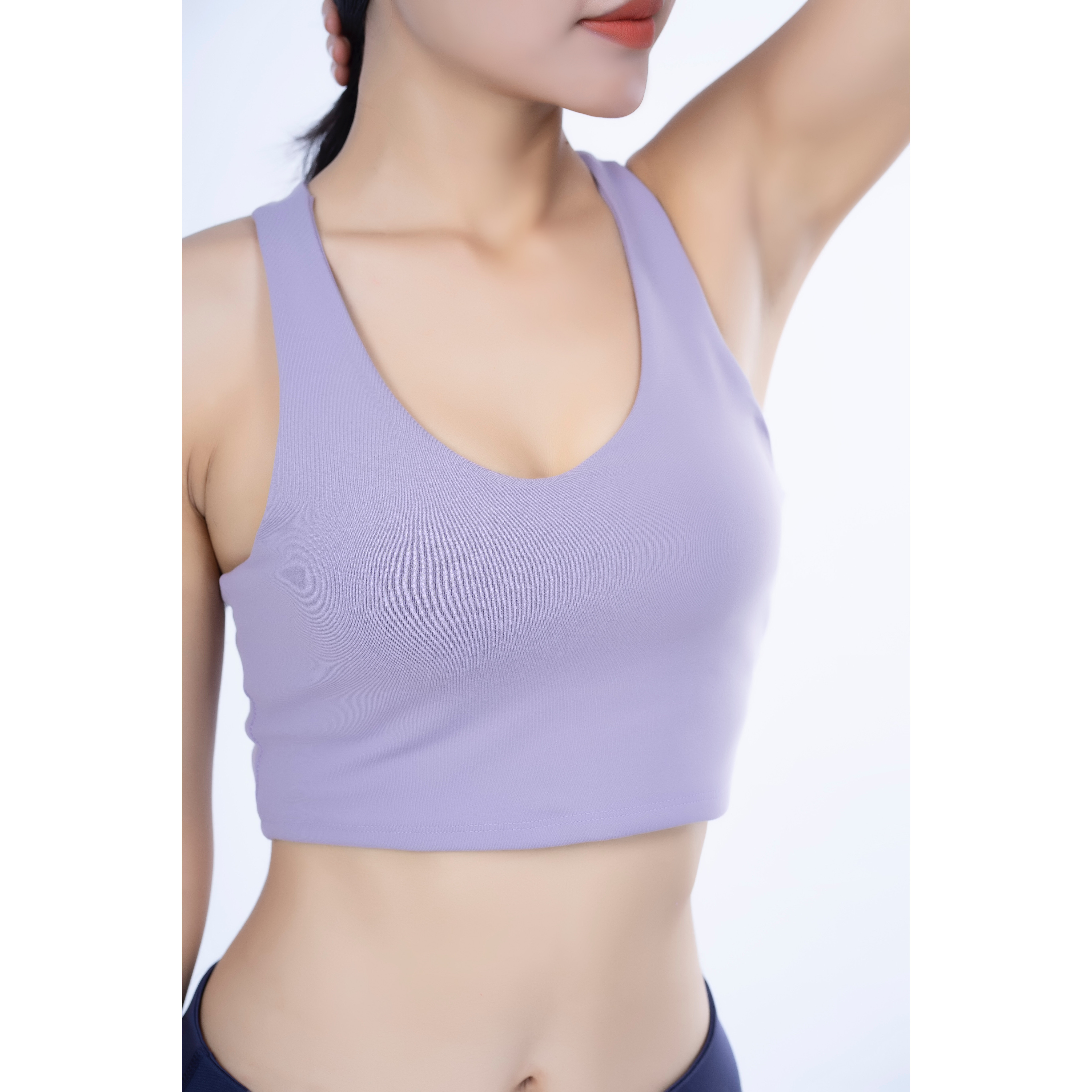 Áo croptop 3 lỗ  thể thao nữ 2 lớp cổ tim màu Tím nhạt - AR801