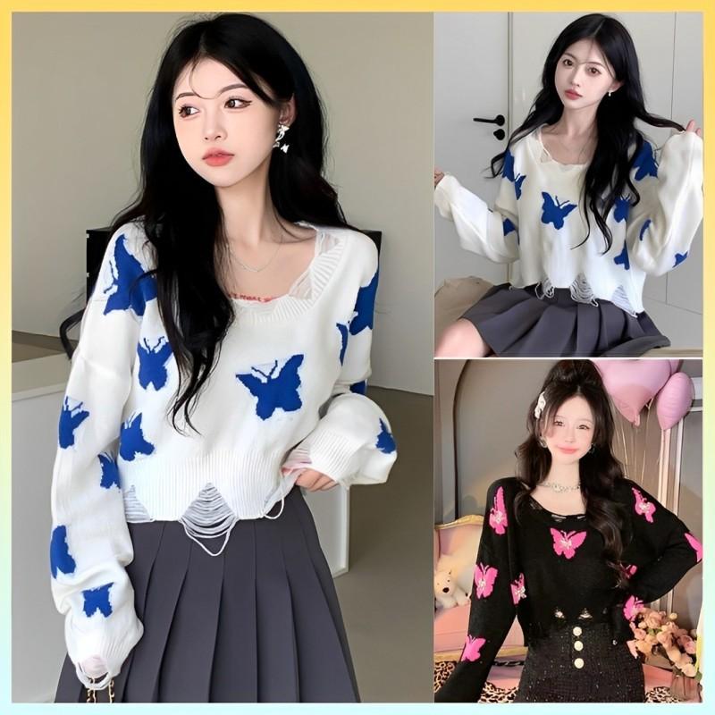 Áo len nữ Montoghi dệt kim kiểu RÁCH NHÍ croptop IN HÌNH BƯỚM phong cách cá tính