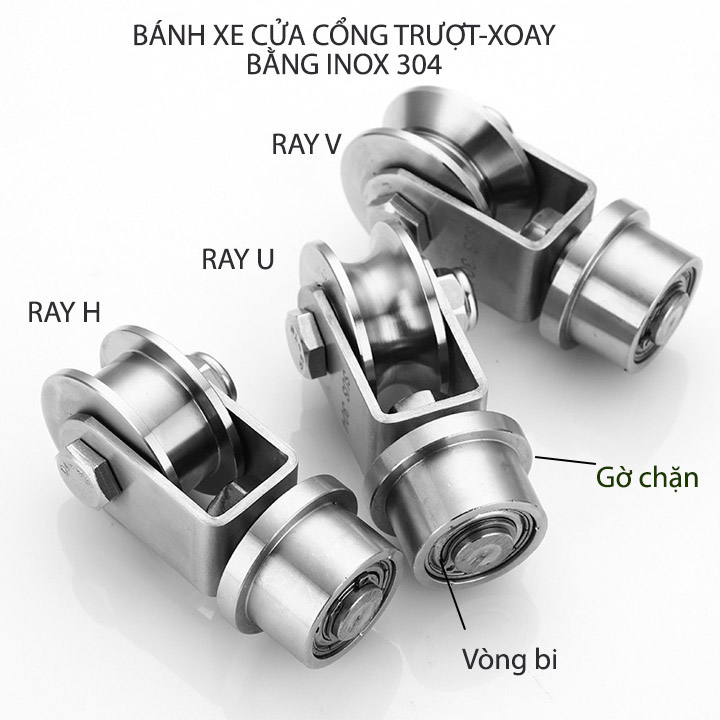 Bộ bánh xe cho cửa cổng trượt-lùa kiêm xoay 360 độ, làm bằng inox 304, Kích thước 16x48mm