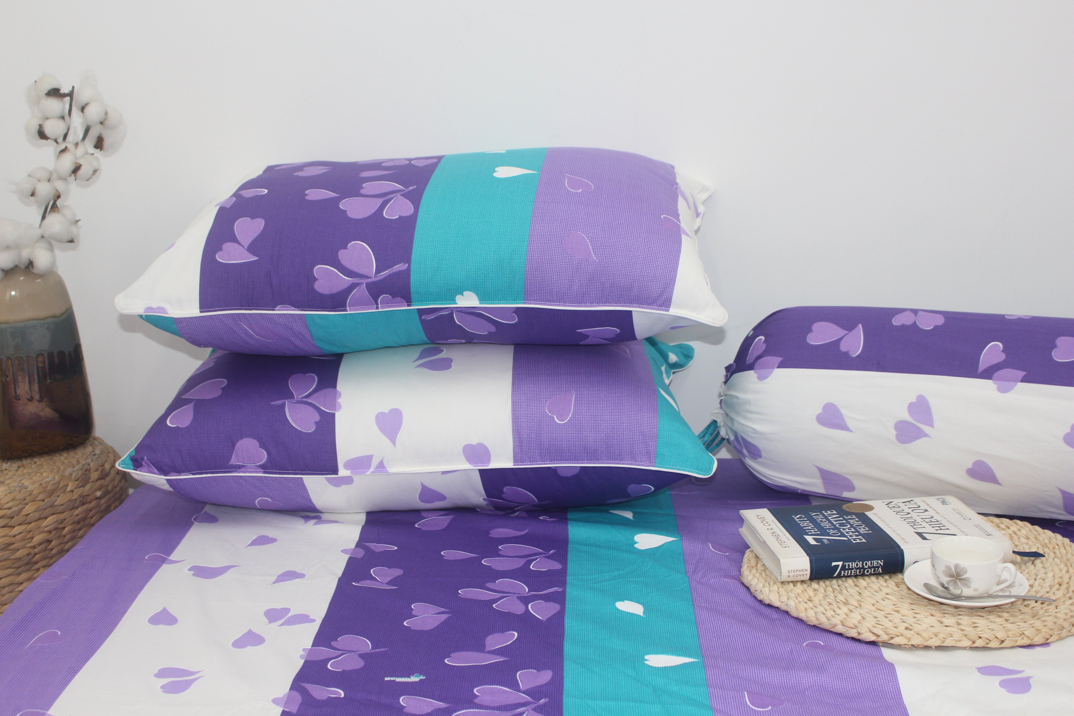 Bộ Drap Gối Cotton -Mẫu TIM TÍM - vải dày dặn, mát mẻ, siêu thấm mồ hôi