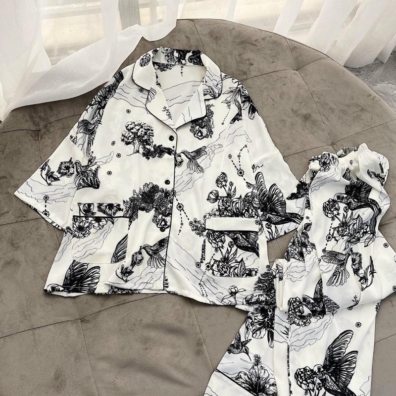 BỘ PIJAMA LỤA SATIN CAO CẤP TAY LỠ CÁNH DƠI MÂY ĐEN