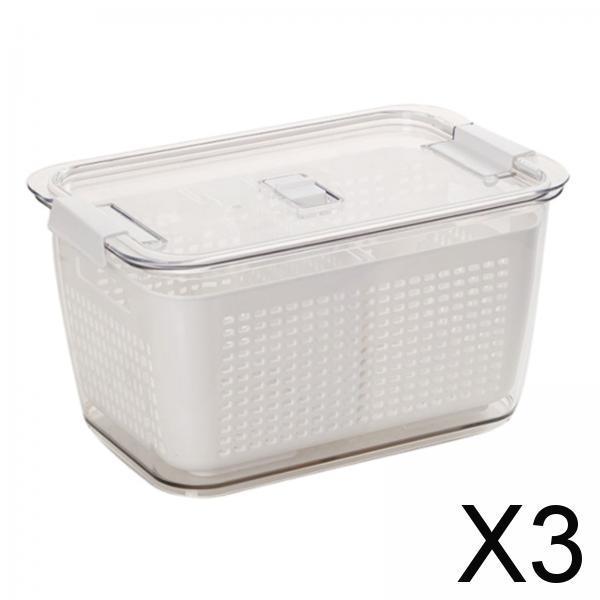 3xProfessional 3-in-1 Drain Basket Vegetable Fruit Partitions Storage Box white