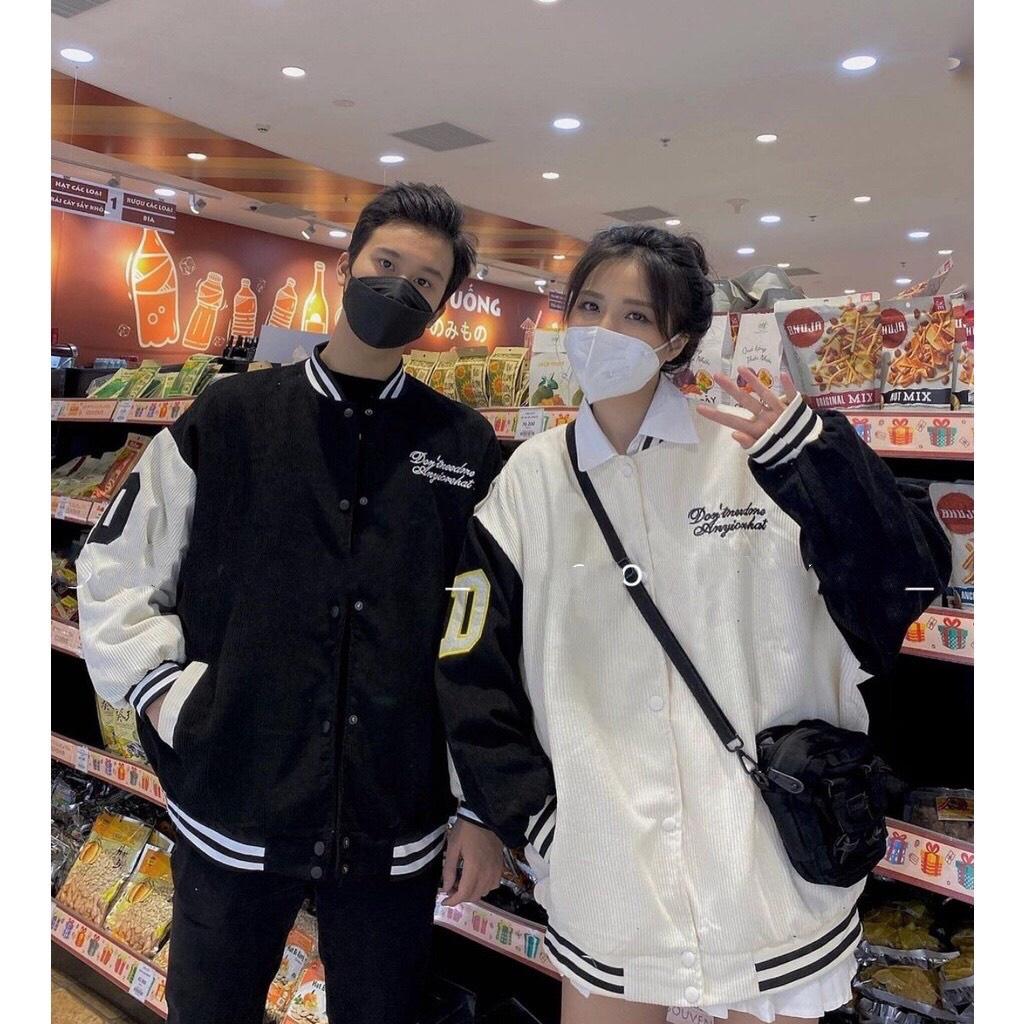 Áo Khoác Bomber BAD REVOLUTION Nhung Gân Tăm Thêu Phối Tay 2 Màu 2 Lớp Form Rộng Unisex Nam Nữ Ulzzang