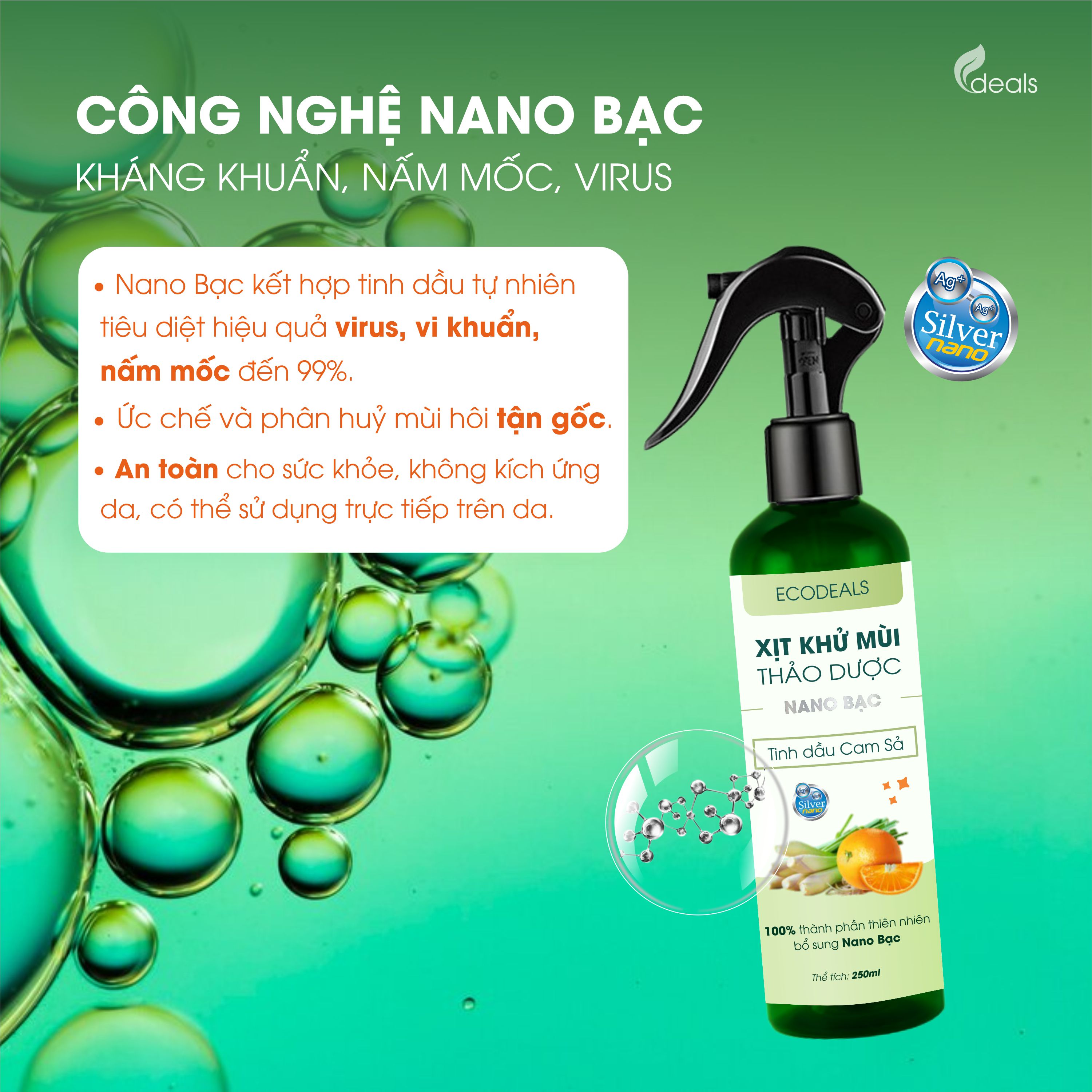 Xịt Khử mùi Kháng khuẩn thảo dược công nghệ Nano Bạc ECODEALS - Tinh dầu Cam Sả