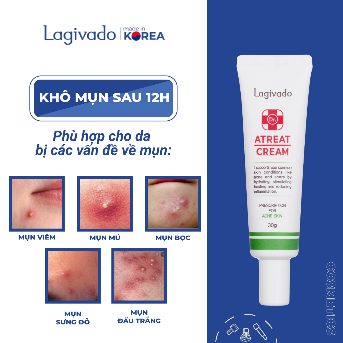 Kem chấm giảm mụn Hàn Quốc Lagivado ngừa thâm sẹo rỗ, thông thoáng lỗ chân lông Dr. Atreat Cream 30 ml