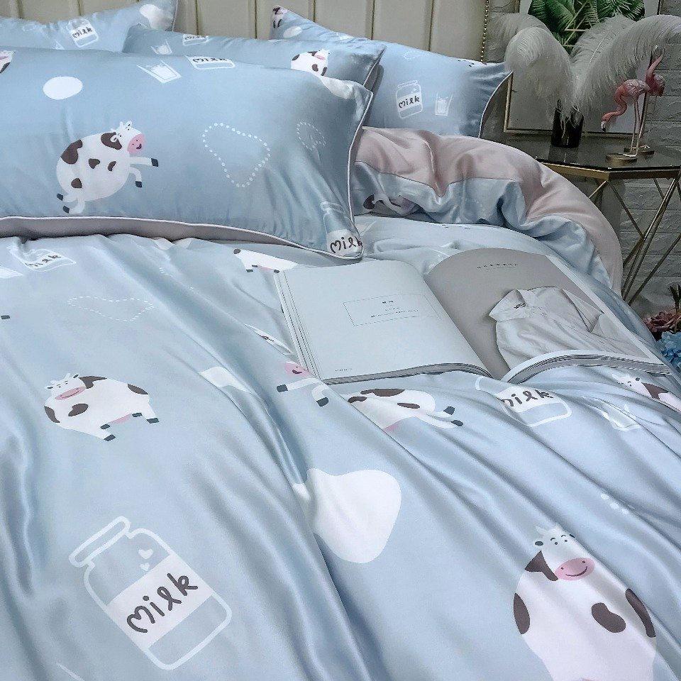 Bộ chăn ga gối mùa hè100% lụa tencel , siêu cao cấp, MỀM MỊN, MÁT DA - họa tiết Bò Sữa dễ thương