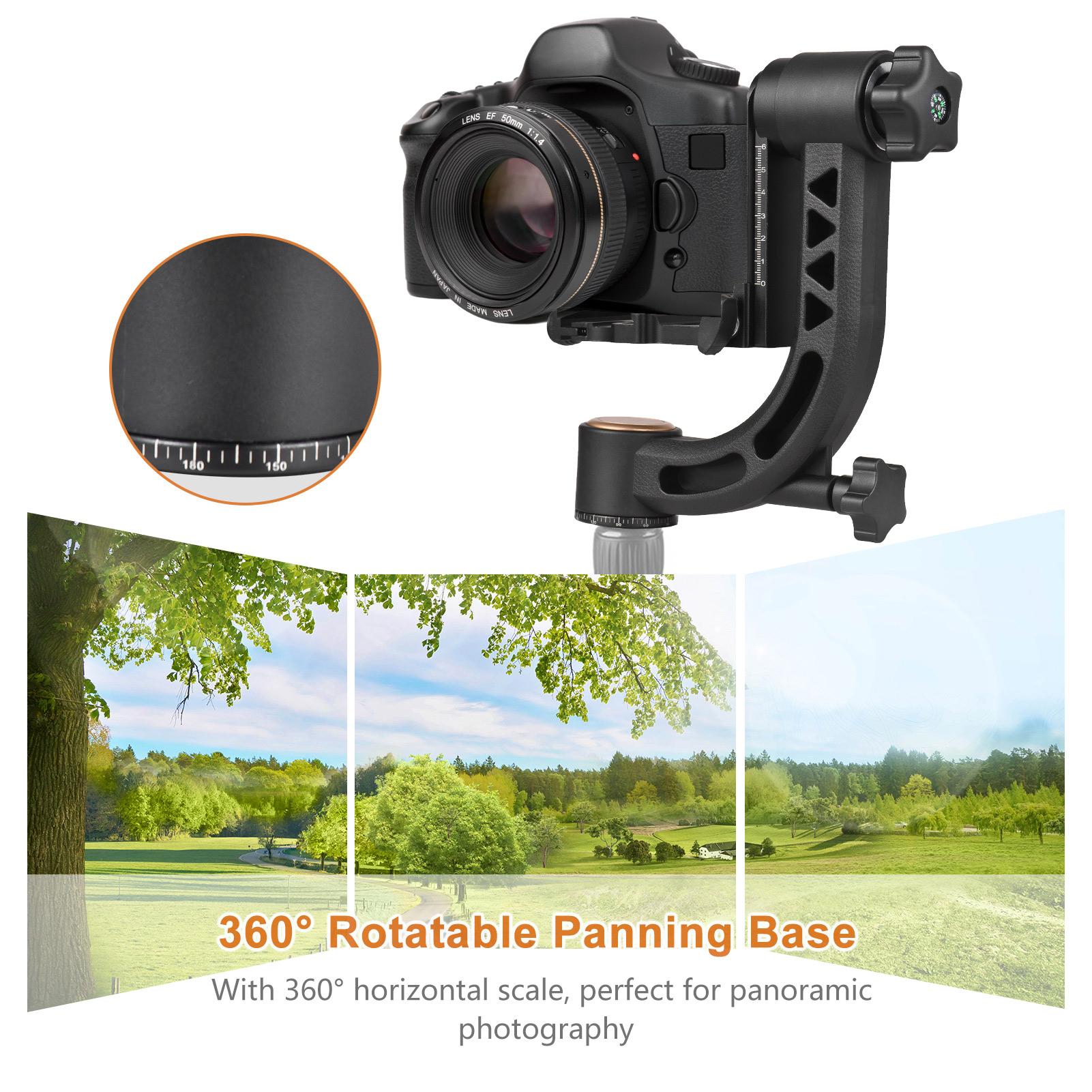 Heavy Duty 360° Panoramic Gimbal Tripod Head Aluminum Alloy 15kg/33lbs Load Capacity with 1/4 Inch Screw Quick Release Plate Bubble Level for DSLR Cameras