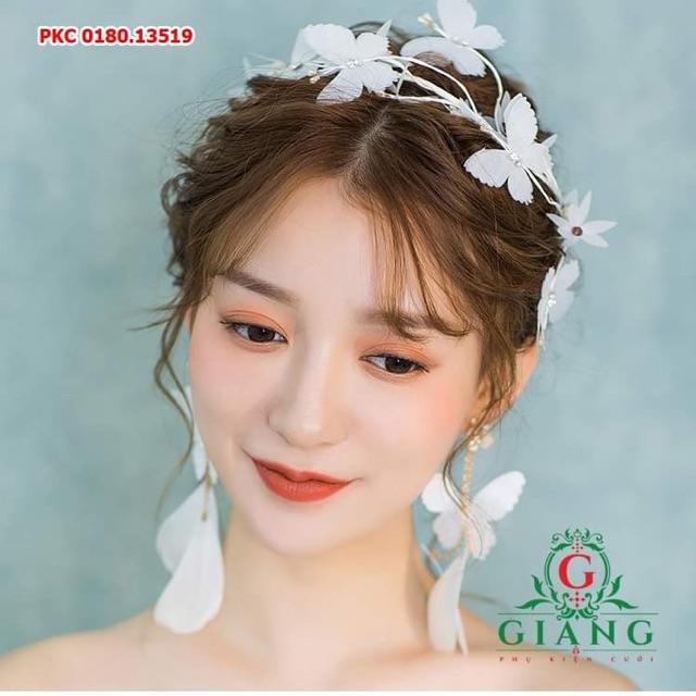 Cài tóc cô dâu kèm bông tai lụa trắng - phụ kiện cưới