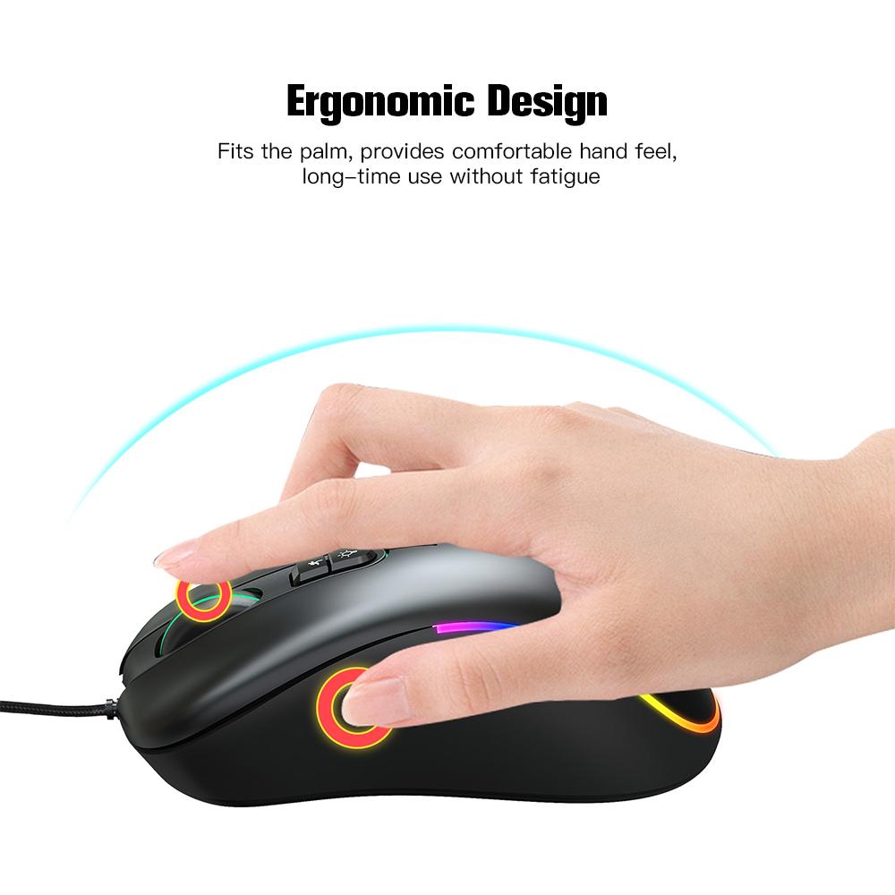 HXSJ J300 Wired Gaming Mouse Seven-key Macro Programming Mouse Six Adjustable DPI Colorful RGB Gaming Mouse Black