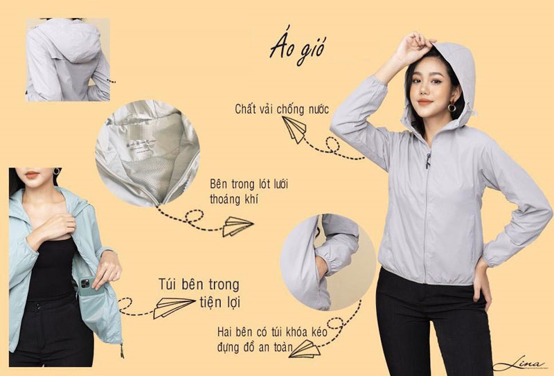 Áo gió nữ 2 lớp lót lưới chống nước